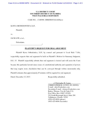 Stamped Request for Oral Argument in Kawa v Lew - Judicial Watch