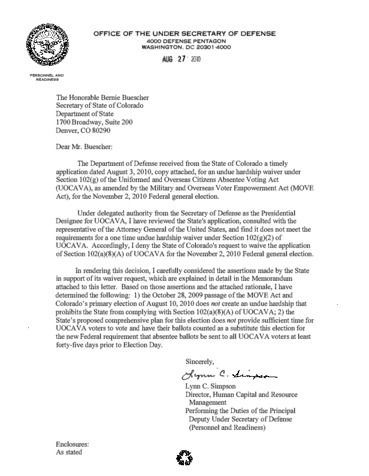 CO Move Act Waiver Denial 842011 - Judicial Watch