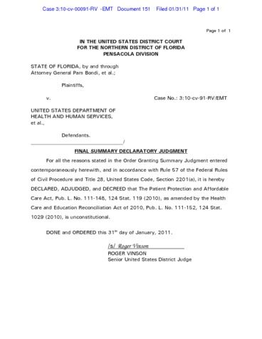 Florida v Us Declaratory Judgment 01312011 - Judicial Watch