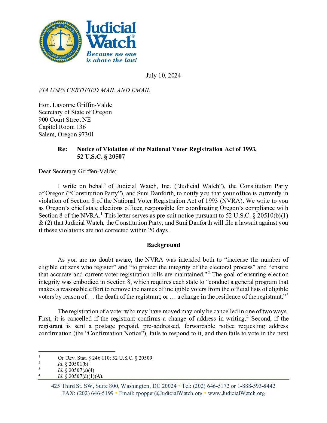 Oregon NVRA Letter 2024 | Judicial Watch